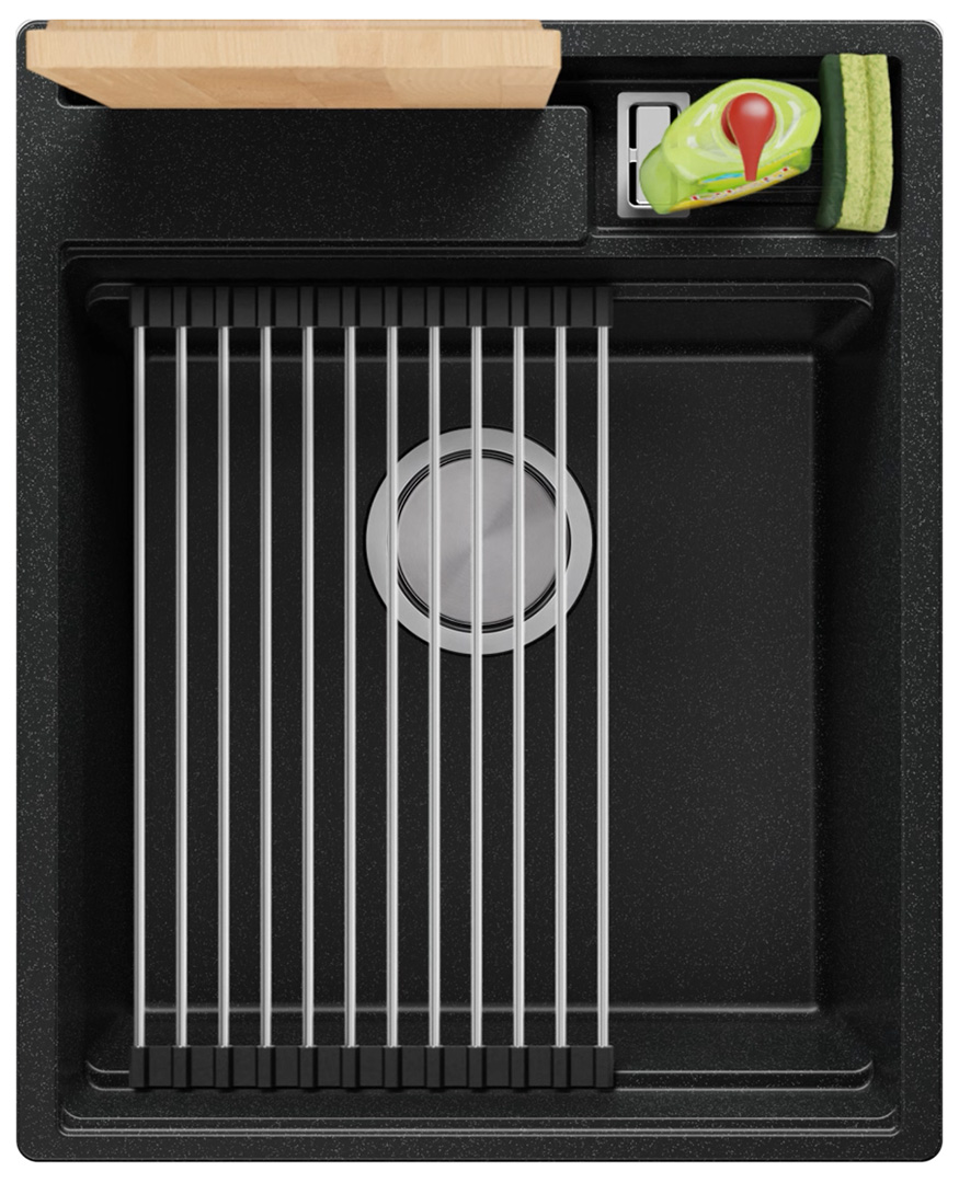 Fregadero de granito de un seno sin escurridor y espacio para accesorios y tabla de cortar Oslo 45 Pocket Multilevel + Gratis