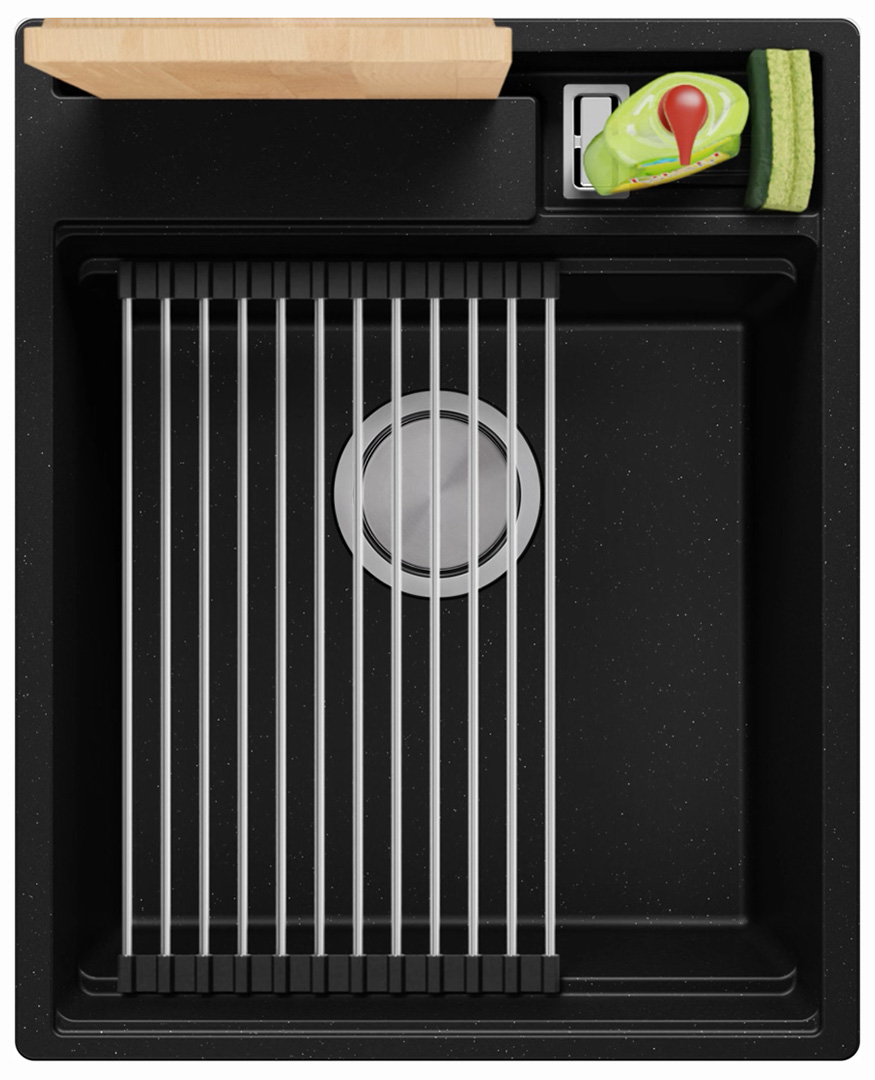 Fregadero de granito de un seno sin escurridor y espacio para accesorios y tabla de cortar Oslo 45 Pocket Multilevel + Gratis