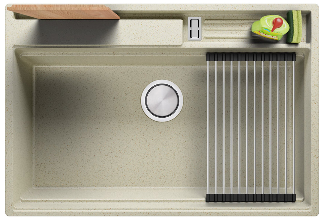 Granit sink with large bowl + FREEBIE single-bowl overcounter without drainer for cabinets from 80 cm colour beige Oslo 80 Pocket Multilevel.