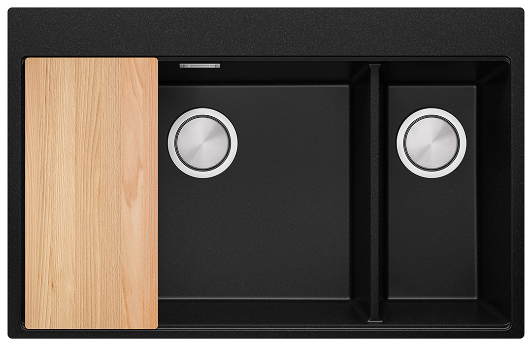Granit sink with large bowl double-bowl overcounter without drainer for cabinets from 80 cm colour black Oslo 80 Duo Top. Primagran